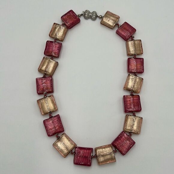 Venetian Bead Necklace. Rubino Platino and Champagne Pink Murano Beads. - Picture 3 of 11